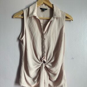 Express Cream Button Down Blouse with Tie Front